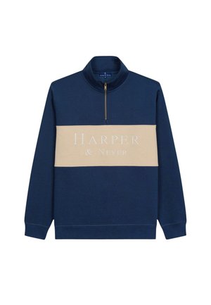Sudadera de marina con cuello con media cremallera, que presenta una franja horizontal crema con "HARPER & NEYER" impresa en gris claro. Tejido suave.