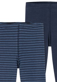 Zwei Paar dunkelblaue Leggings. Ein Paar hat horizontale hellblaue Streifen, während das andere einheitlich dunkelblau ist. Weiches Baumwollmaterial.
