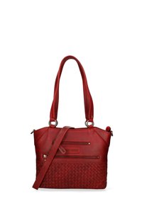 Rodeleren handtas met een geweven tekstuur aan de basis, twee schouderbanden en buitenzakken. Voorzien van hardware accenten in zilverkleur.