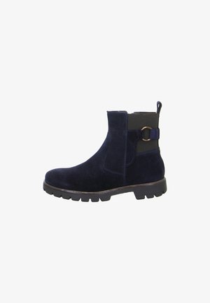 Marineblaue Wildleder-Stiefeletten mit elastischen Seitenpaneelen, einem runden Metallakzent am Knöchelriemen und einer strukturierten Gummisohle.