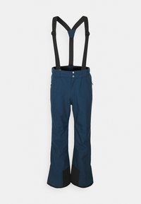 Blaue wasserdichte Skihose mit schwarzen verstellbaren Trägern und einem elastischen Bund. Sie verfügt über zwei Seitentaschen und ein ausgestelltes Hosenbein-Design.