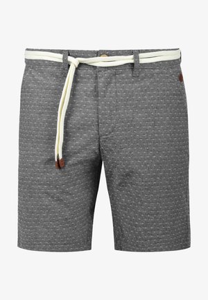 Szürke mintás sort, strukturált anyagból, világos színű zsinórral és barna díszítéssel a derekán.