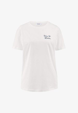 Witte katoenen T-shirt met korte mouwen en ronde hals. Heeft blauwe tekst "tijd om te bloeien" op de linkerkant van de borst. Zachte textuur, casual ontwerp.