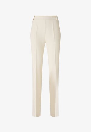 Pantaloni color crema con design sartoriale, caratterizzati da una parte anteriore piatta, due tasche laterali e un tessuto liscio e leggero.