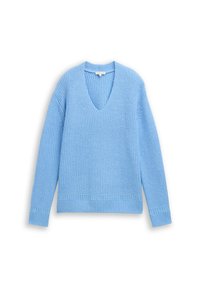 Hellblaues, gestricktes Sweatshirt mit langen Ärmeln und V-Ausschnitt, versehen mit gerippten Bündchen und Saum, flach auf einem weißen Hintergrund ausgelegt.