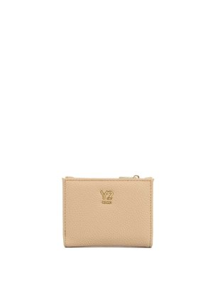 Portafoglio in pelle beige con texture, logo Y? Not Milano dorato e scomparto con cerniera in alto.