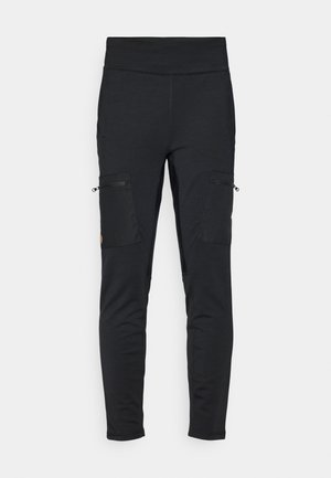 Zwarte stretch cargo broek met een gladde textuur, voorzien van twee ritssluitingen aan de zijkanten en een hoge tailleband voor comfort en een goede pasvorm.