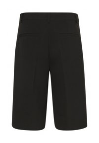 Zwarte op maat gemaakte shorts met een rechte snit, voorzien van twee achterzakken en een gladde textuur. Klassiek ontwerp dat geschikt is voor verschillende gelegenheden.