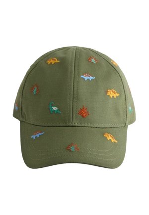 Cappellino da baseball verde ricamato con piccoli dinosauri colorati e fogliame sparso sul tessuto.