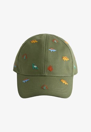 Grøn baseballkasket broderet med små farverige dinosaurer og løv spredt over stoffet.