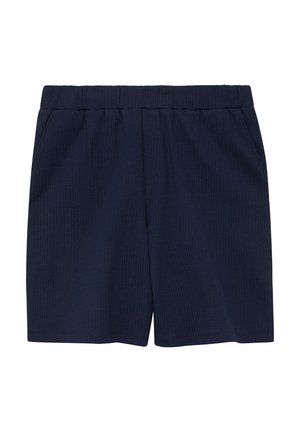 Marineblaue Shorts aus strukturiertem Stoff mit elastischem Bund und Seitentaschen, entworfen für lässiges Tragen.