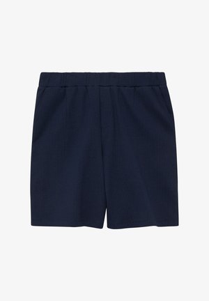 Marineblaue Shorts aus strukturiertem Stoff mit elastischem Bund und Seitentaschen, entworfen für lässiges Tragen.