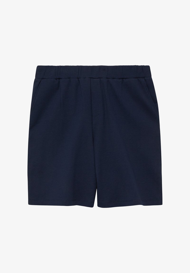 Shorts en tissu texturé bleu marine avec taille élastique et poches latérales, conçus pour un usage décontracté.