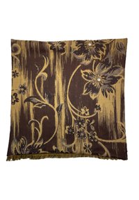Textile marron et doré avec des motifs floraux, finition texturée et bords à franges. Comprend des embellissements décoratifs.
