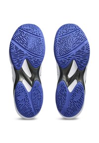 White shoe soles with purple rubber outsoles featuring a textured pattern for traction and stability, with gray accents near the arch.