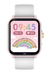 Smartwatch mit einem pinken und schwarzen quadratischen Ziffernblatt, das die Uhrzeit und ein Regenbogen-Graphic anzeigt. Verfügt über ein weißes Silikonutra und seitliche Tasten in Gold und Pink.