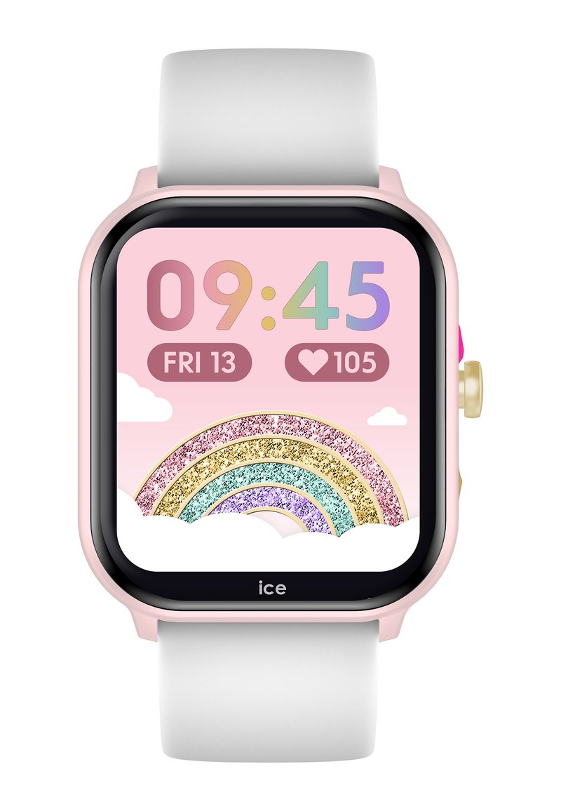 Smartwatch mit einem pinken und schwarzen quadratischen Ziffernblatt, das die Uhrzeit und ein Regenbogen-Graphic anzeigt. Verfügt über ein weißes Silikonutra und seitliche Tasten in Gold und Pink.