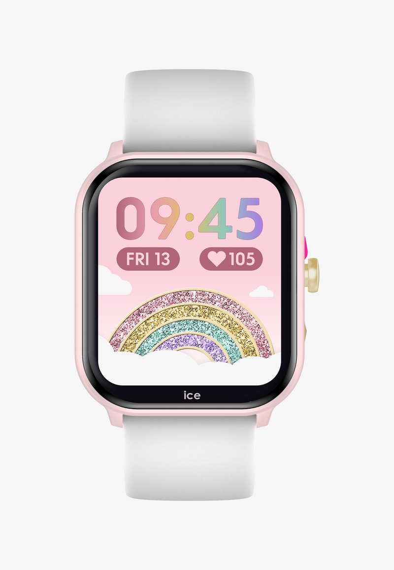 Smartwatch mit einem pinken und schwarzen quadratischen Ziffernblatt, das die Uhrzeit und ein Regenbogen-Graphic anzeigt. Verfügt über ein weißes Silikonutra und seitliche Tasten in Gold und Pink.