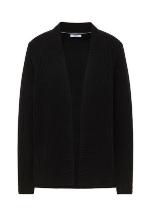 Cardigan nero in materiale lavorato a maglia, caratterizzato da una trama a coste, design con apertura frontale e maniche lunghe. Senza chiusure o accenti aggiuntivi.
