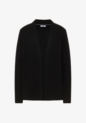 Musta neuletakki neuloksesta, jossa on resorikuviointi, avoin etumalli ja pitkät hihat. Ei kiinnityksiä tai muita koristeita.