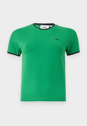 Πράσινο κοντομάνικο μπλουζάκι με μαύρες λεπτομέρειες στα μανίκια και τον γιακά, μικρό μαύρο λογότυπο «obey» στο αριστερό στήθος.