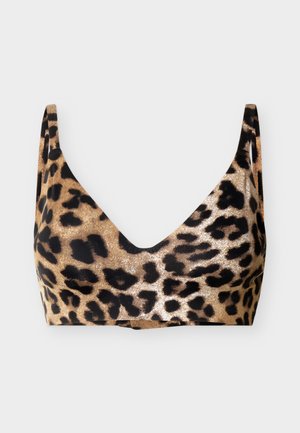 Bralette con estampado de leopardo con tirantes finos y escote en V profundo, diseñado en tonos marrón, negro y beige.