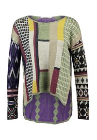 Maglione lavorato a maglia con vari motivi geometrici in verde, viola, nero e giallo. Maniche lunghe, vestibilità ampia e tessuto texturizzato.