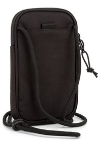 Black fabric phone pouch with a zip closure, flat pocket, and adjustable strap. Textured material and simple, rectangular design.