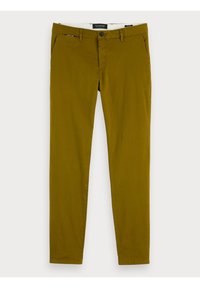 Chinos en coton vert olive avec une coupe droite, dotés d'une fermeture à bouton unique à l'avant, de passants de ceinture et de poches latérales.