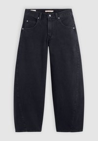 Zwarte denim wijde pijpen jeans met een hoge taille, twee frontzakken en zilveren hardware. Gladde textuur, minimale stiksels en rechte snit.