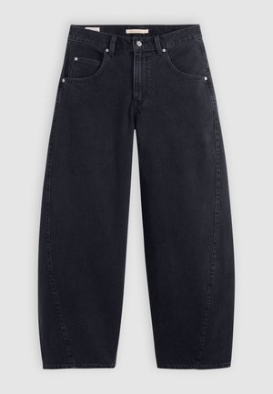 Calças de ganga largas pretas com uma cintura alta, dois bolsos frontais e detalhes em metal prateado. Textura suave, detalhes de costura mínimos e corte reto.