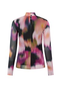 Top met lange mouwen met een abstract bloemmotief in roze, paars en zwarte tinten. Zachte stof met een hoge halslijn en een knoopsluiting aan de achterkant.