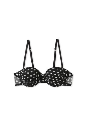 Sottofondo in pizzo nero con pois, imbottito, dotato di pannelli laterali trasparenti, spalline regolabili e tessuto testurizzato. Presenta un design arricciato al centro.