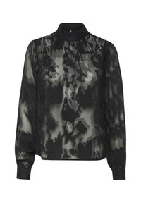 Blusa nera trasparente con motivo in pizzo floreale, colletto alto e maniche lunghe. Presenta dettagli arricciati al collo e polsini aderenti.