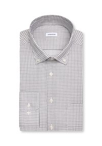 Chemise blanche à manches longues pliée avec motif à carreaux gris, col boutonné et boutons visibles sur le devant et aux poignets.