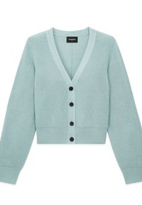 Ljus mintgrön kofta med V-ringning, ribbad textur och långa ärmar. Har svarta knappar framtill och en kortad design.