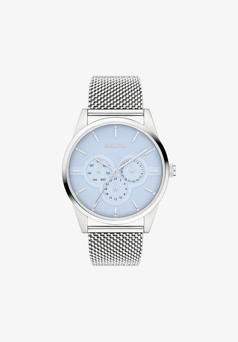 Silver mesh strap watch with a light blue textured dial. Features three sub-dials displaying day and time. Minimalist design, stainless steel casing.