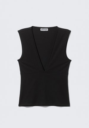 Black sleeveless top with deep V-neck and fitted waist, laid flat against a light gray background.