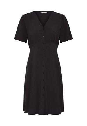 Robe noire mi-longue au genou avec manches courtes bouffantes, encolure en V et fermeture boutonnée sur le devant, présentant de légers fronces à la taille.