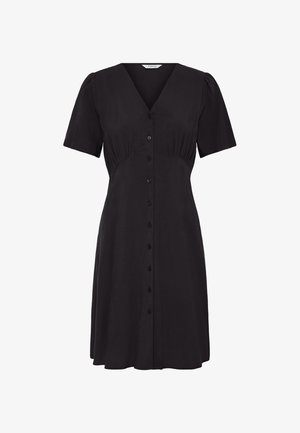 Robe noire mi-longue au genou avec manches courtes bouffantes, encolure en V et fermeture boutonnée sur le devant, présentant de légers fronces à la taille.
