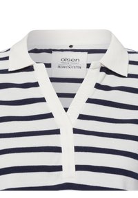 Gestreiftes Polohemd in Weiß und Marineblau, aus Bio-Baumwolle. Es verfügt über einen Kragen, eine halbe Knopfleiste und ein Prägeetikett mit "MARINA CITY."