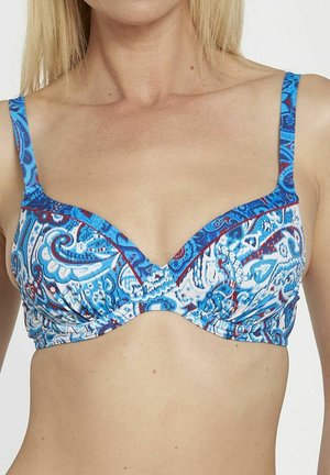 Top bikini blu con motivo a fantasia, dotato di supporto con stecche, che presenta intricati disegni paisley in diverse tonalità di blu e rosso, con spalline regolabili.