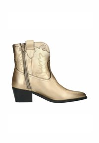 Gold leather cowboy boots with pointed toe, decorative stitching, side zipper, and block heel. Smooth texture and stylish design accents.