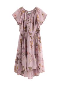 Rosa blommig klänning i lätt tyg, med korta fladdrande ärmar, elastisk midja och en kjol i flera lager med en fåll som är lägre bak.