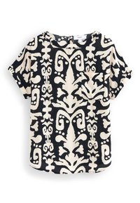 Kurzarmoberteil in Schwarz und Creme mit einem auffälligen Blumenmuster, mit einem runden Halsausschnitt und einer kleinen aufgesetzten Tasche auf der Vorderseite.