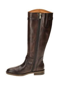 Bota de cuero marrón hasta la rodilla con cierre lateral, puntera redonda y textura suave. Presenta un interior de un marrón claro en contraste y hardware minimal.