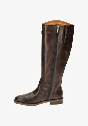 Braune Leder-Stiefel in Knielänge mit einem seitlichen Reißverschluss, runder Zehenpartie und glatter Textur. Verfügt über ein kontrastierendes hellbraunes Innenfutter und minimalen Beschlag.