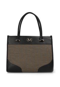 Svart handväska med en texturerad vävd front, gyllene detaljer och dubbla handtag. Har en logotypdetalj i mitten och rundade nedre hörn.