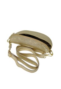 Sac en bandoulière métallique doré avec fermeture éclair, forme courbée et bandoulière détachable. Texture lisse avec une finition subtilement scintillante.