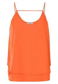Orange ärmlös topp med V-ringning, mjukt, glänsande tyg, rak silhuett och lagerdetalj i nederkanten för extra djup.